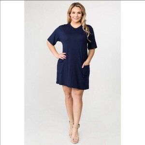 Navy Short Solid Dress With Pockets, 2XL